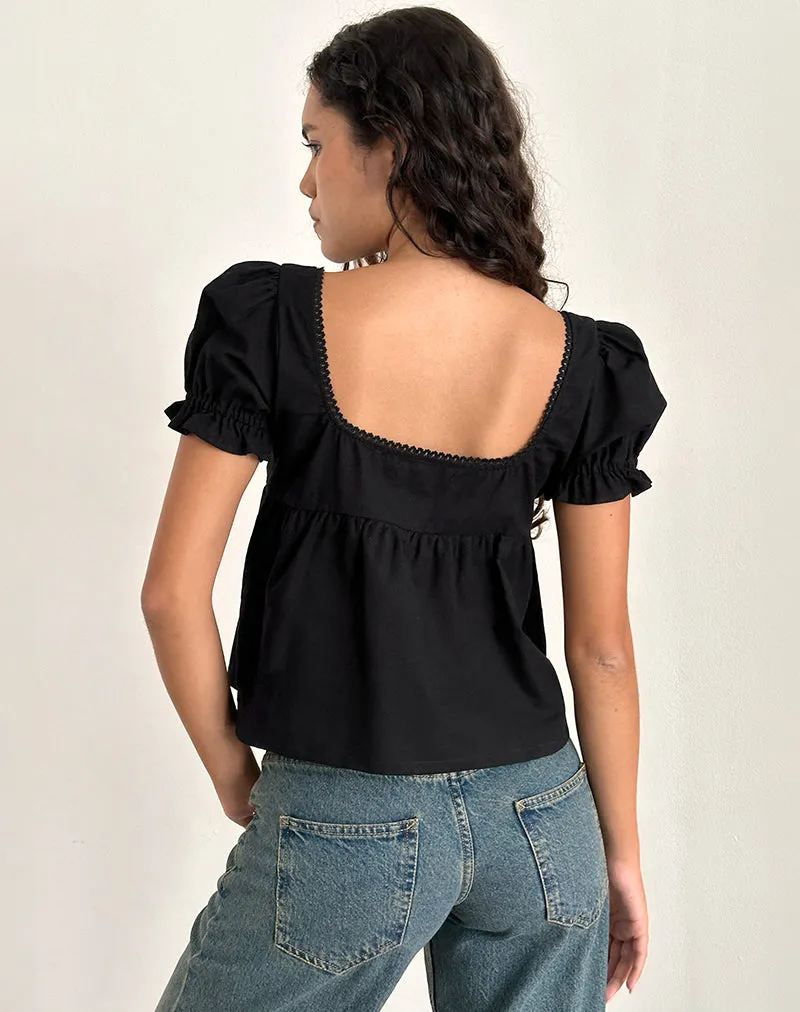 Axoni Square Neck Blouse in Linen Black