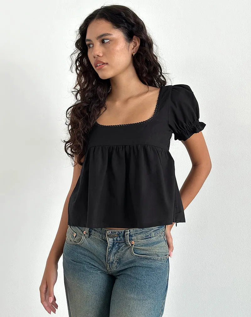 Axoni Square Neck Blouse in Linen Black