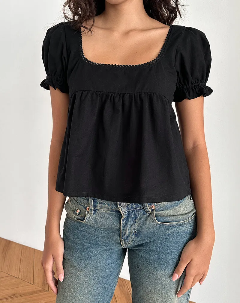 Axoni Square Neck Blouse in Linen Black