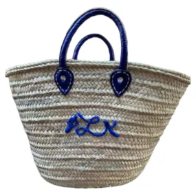 Big Embroidered Bag / Basket / French Market Basket / Straw Basket - blue