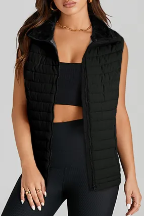 Black Plush Collared Quilted Zipped Puffer Vest