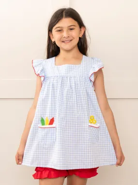 Blue Gingham Embroidered Crayons Ruffle Outfit