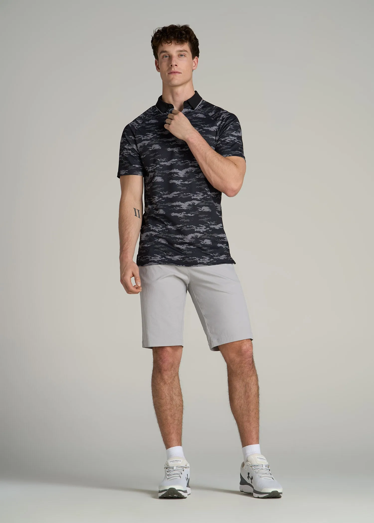 Contrast Collar A.T. Performance Print Golf Tall Men's Polo Shirt in Black and Grey Camo