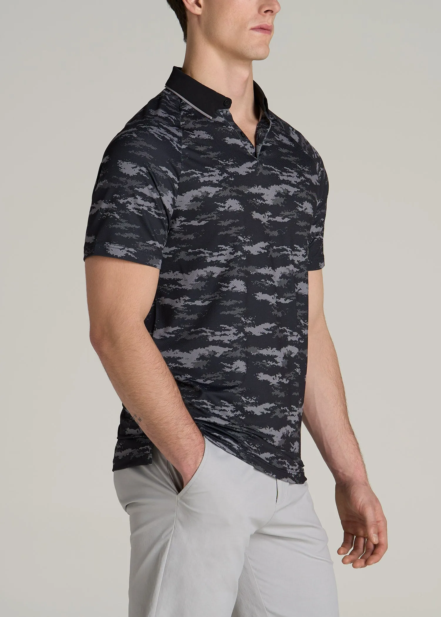 Contrast Collar A.T. Performance Print Golf Tall Men's Polo Shirt in Black and Grey Camo