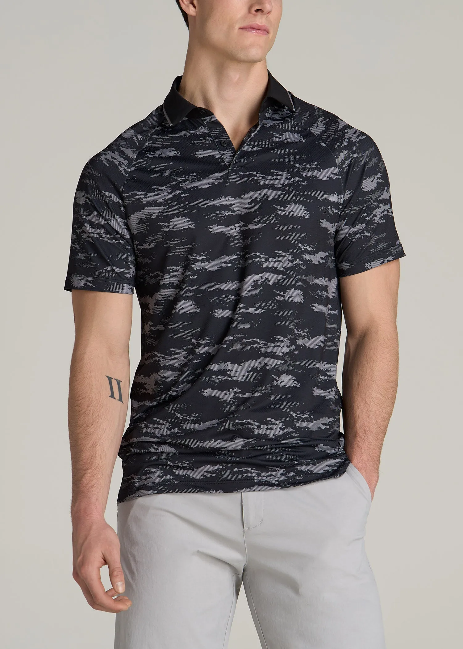 Contrast Collar A.T. Performance Print Golf Tall Men's Polo Shirt in Black and Grey Camo