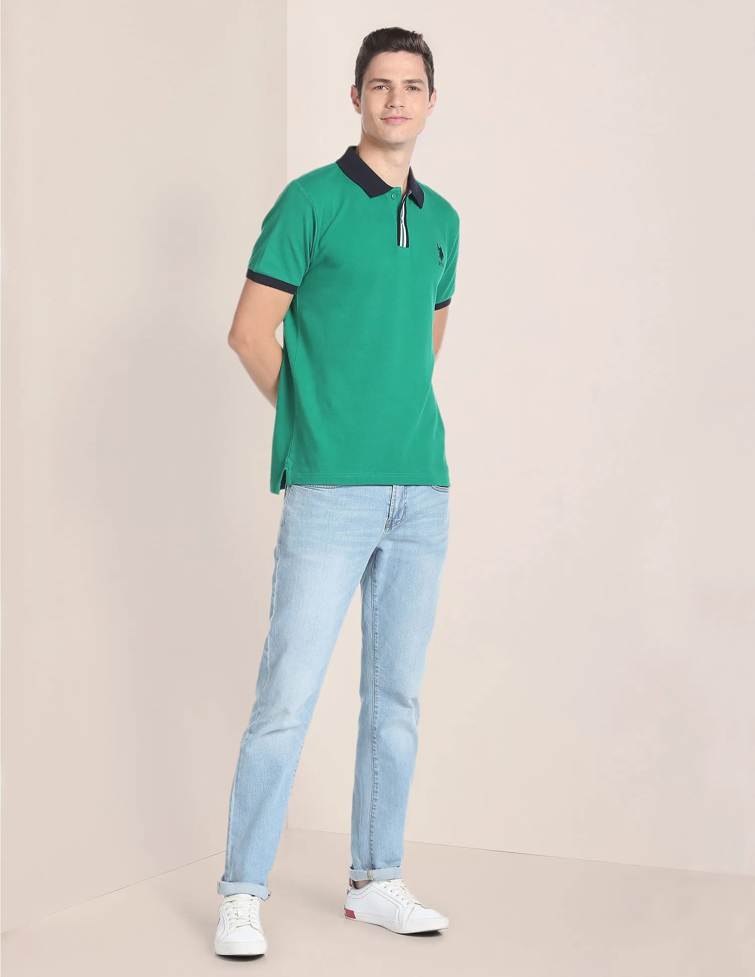 Contrast Collar Cotton Polo Shirt