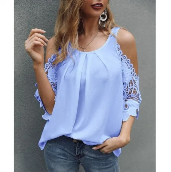 DressBetty - Off Shoulder Lace Blouse Women Summer Tops White Black Blouses O-Neck Solid Loose 5XL Clothes