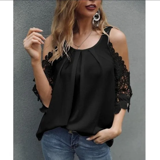 DressBetty - Off Shoulder Lace Blouse Women Summer Tops White Black Blouses O-Neck Solid Loose 5XL Clothes