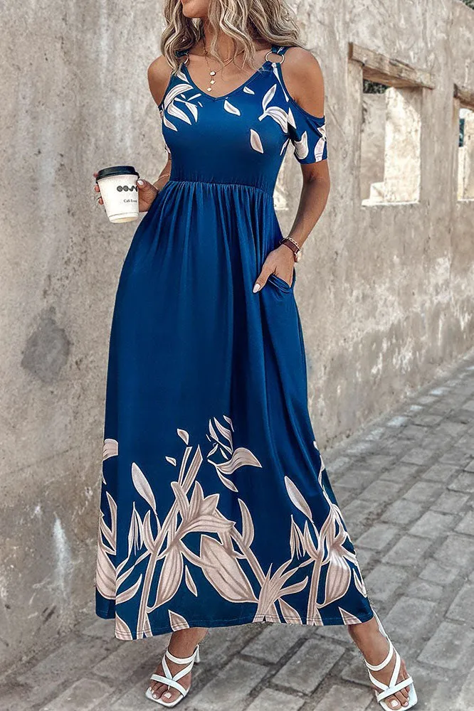 elveswallet Blue Off-shoulder Floral Print Cinched Waist Maxi Dress