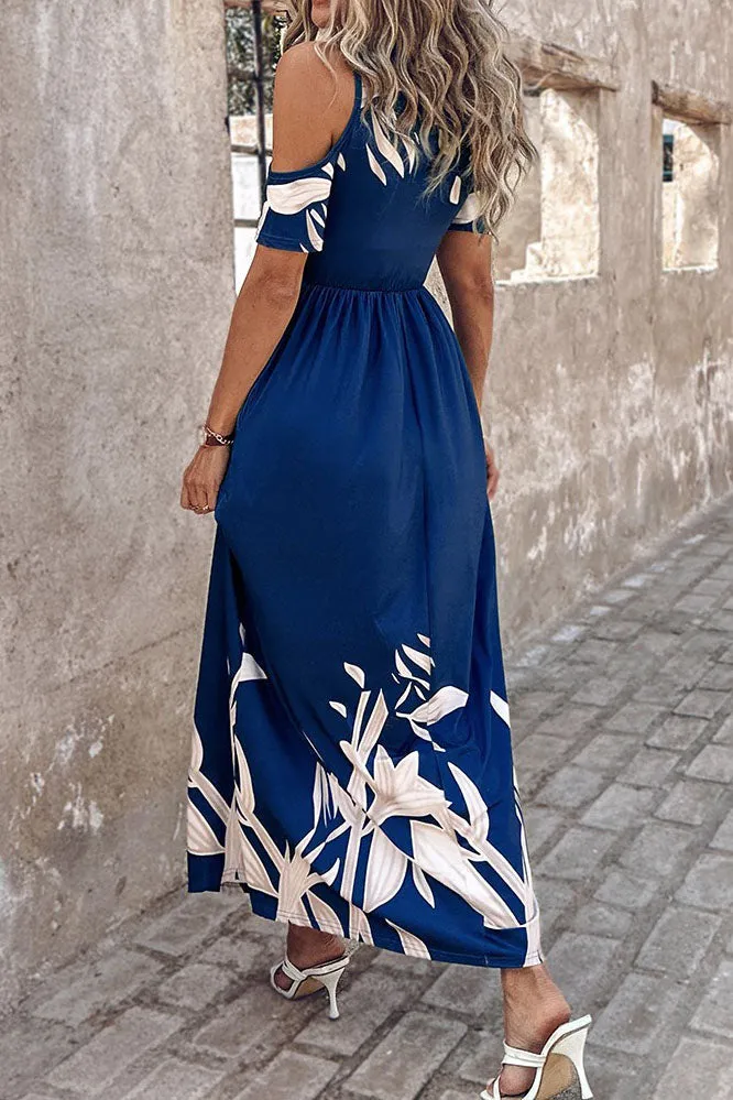 elveswallet Blue Off-shoulder Floral Print Cinched Waist Maxi Dress