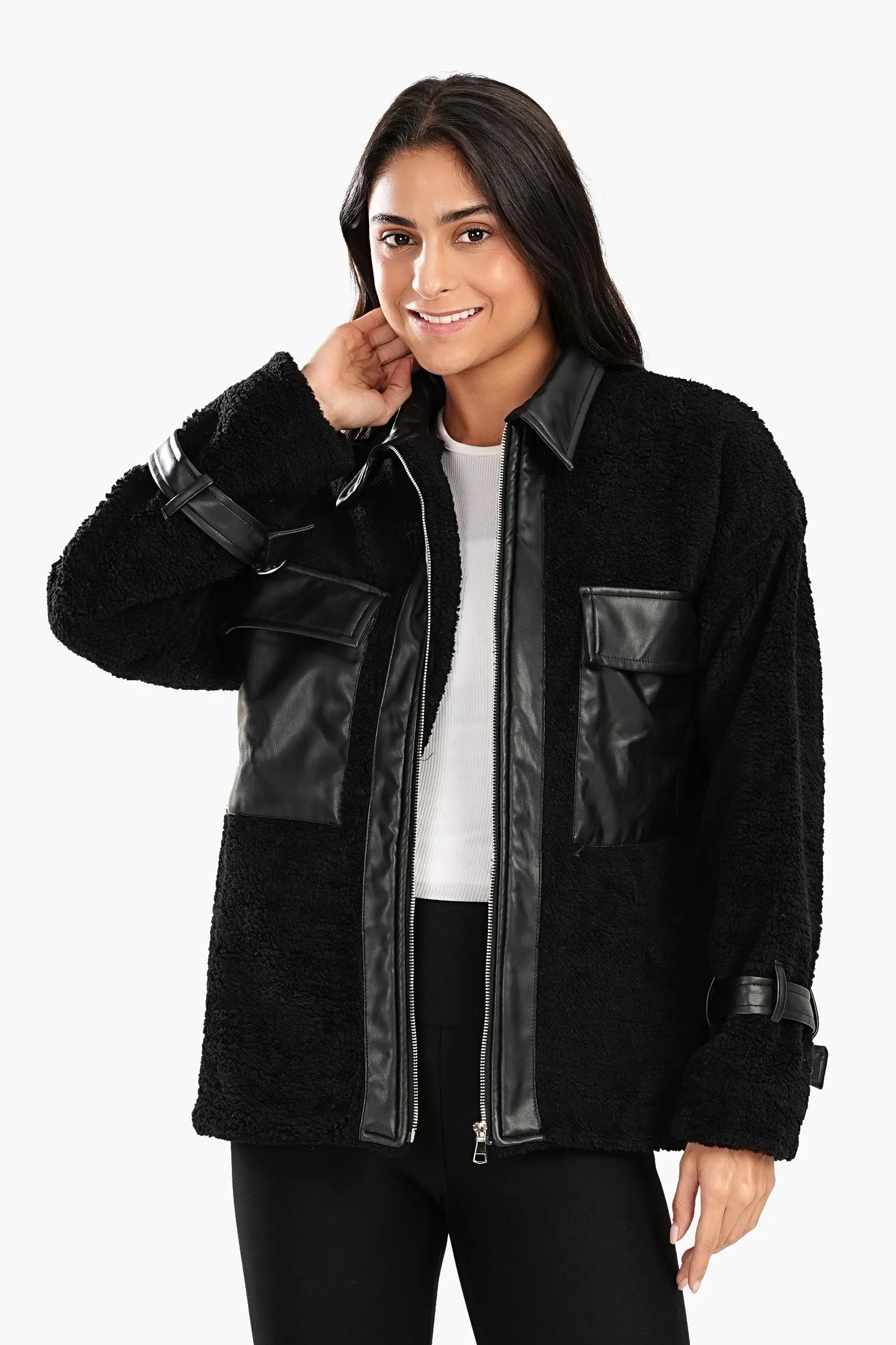 Fleece & Leather Black Jacket