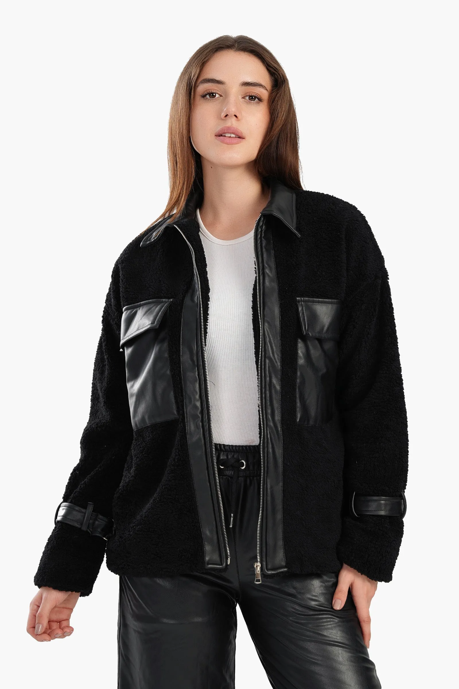 Fleece & Leather Black Jacket