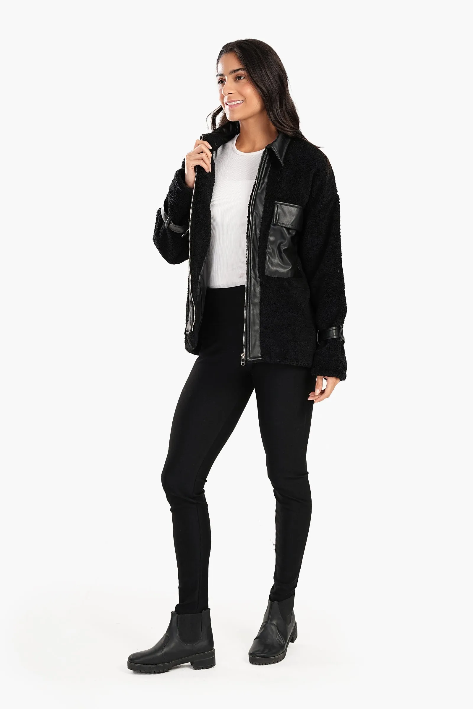 Fleece & Leather Black Jacket