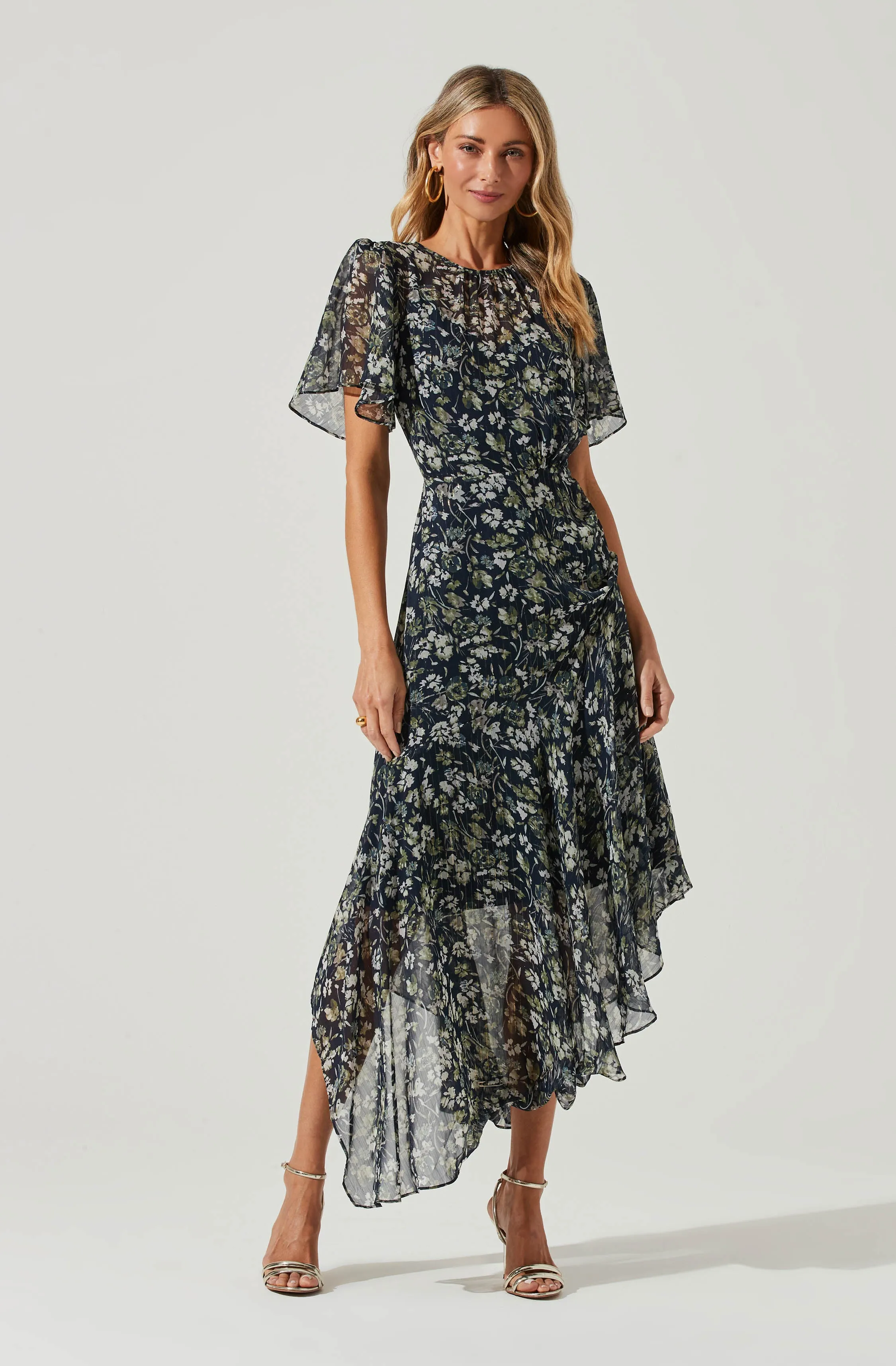 Flutter Sleeve Asymmetrical Floral Maxi Dress