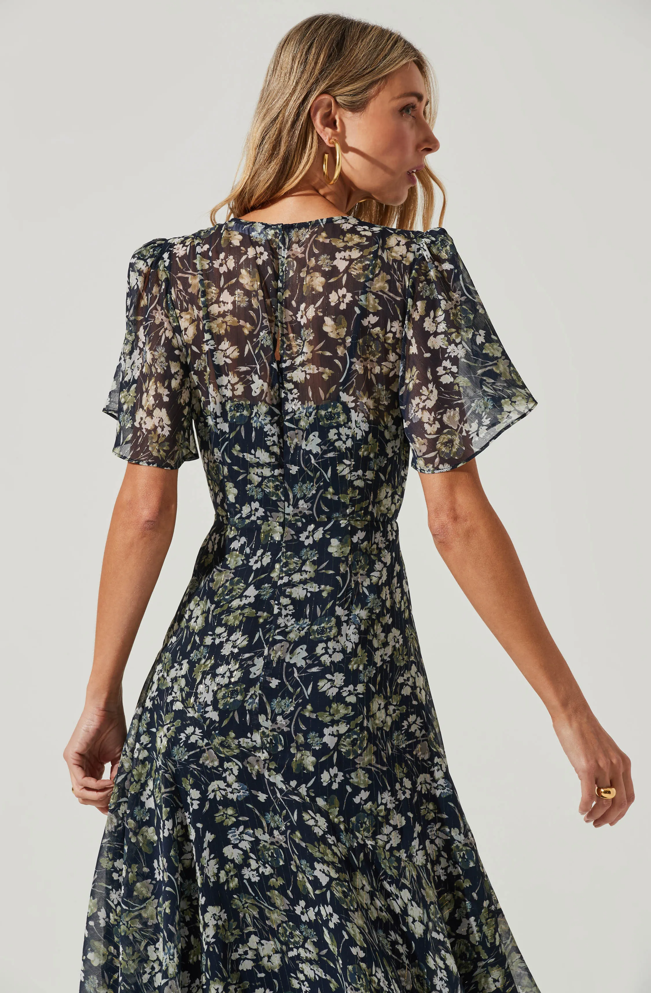 Flutter Sleeve Asymmetrical Floral Maxi Dress