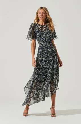 Flutter Sleeve Asymmetrical Floral Maxi Dress