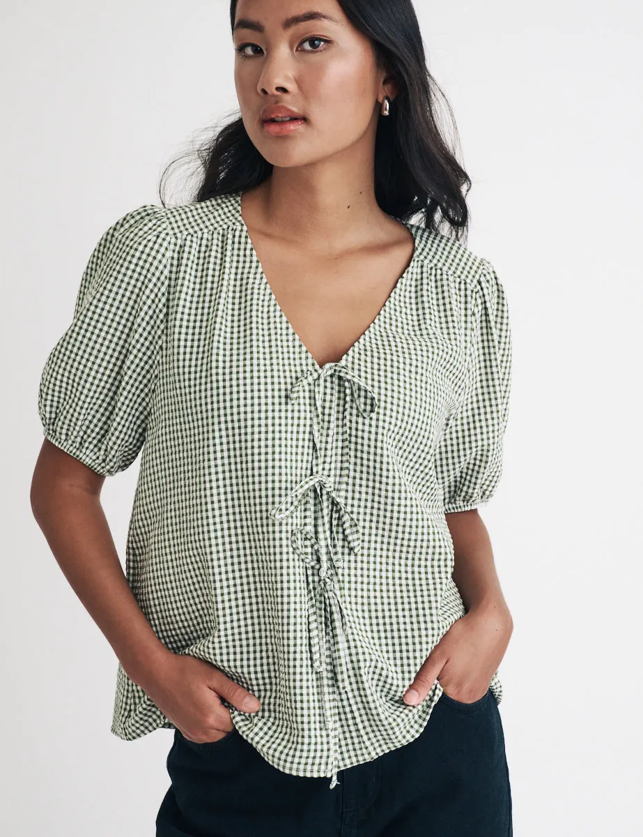 Green Gingham Tie Front Bernadetta Blouse