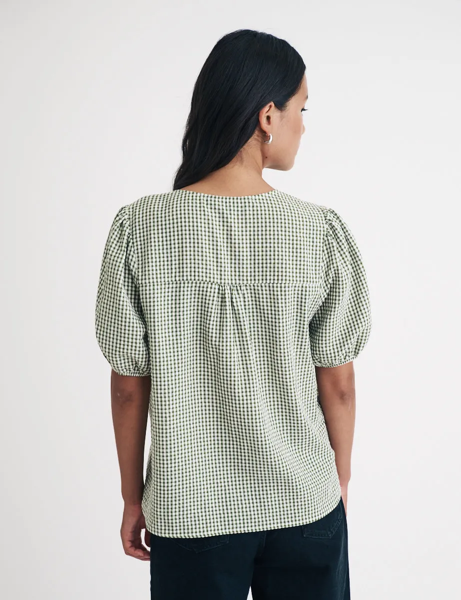 Green Gingham Tie Front Bernadetta Blouse