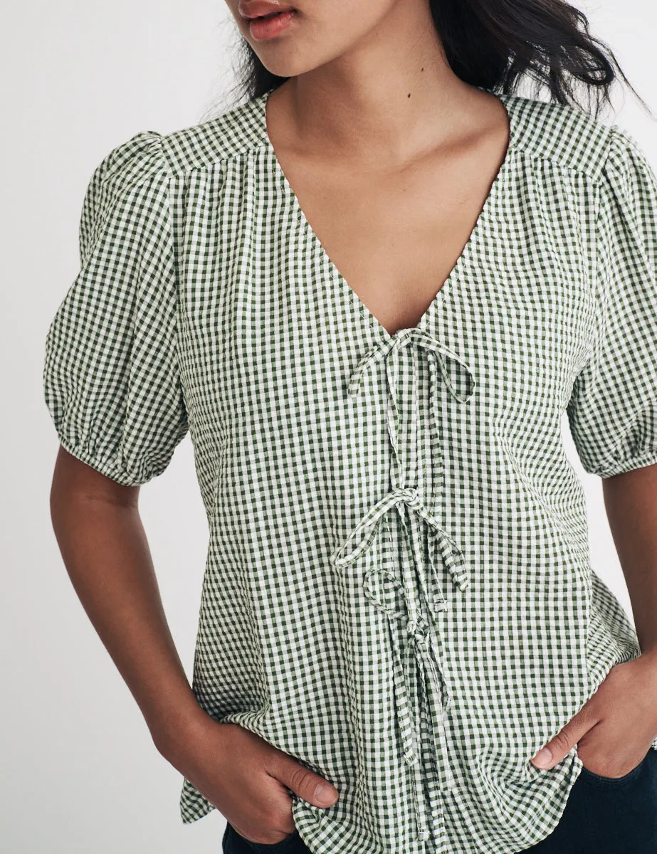 Green Gingham Tie Front Bernadetta Blouse