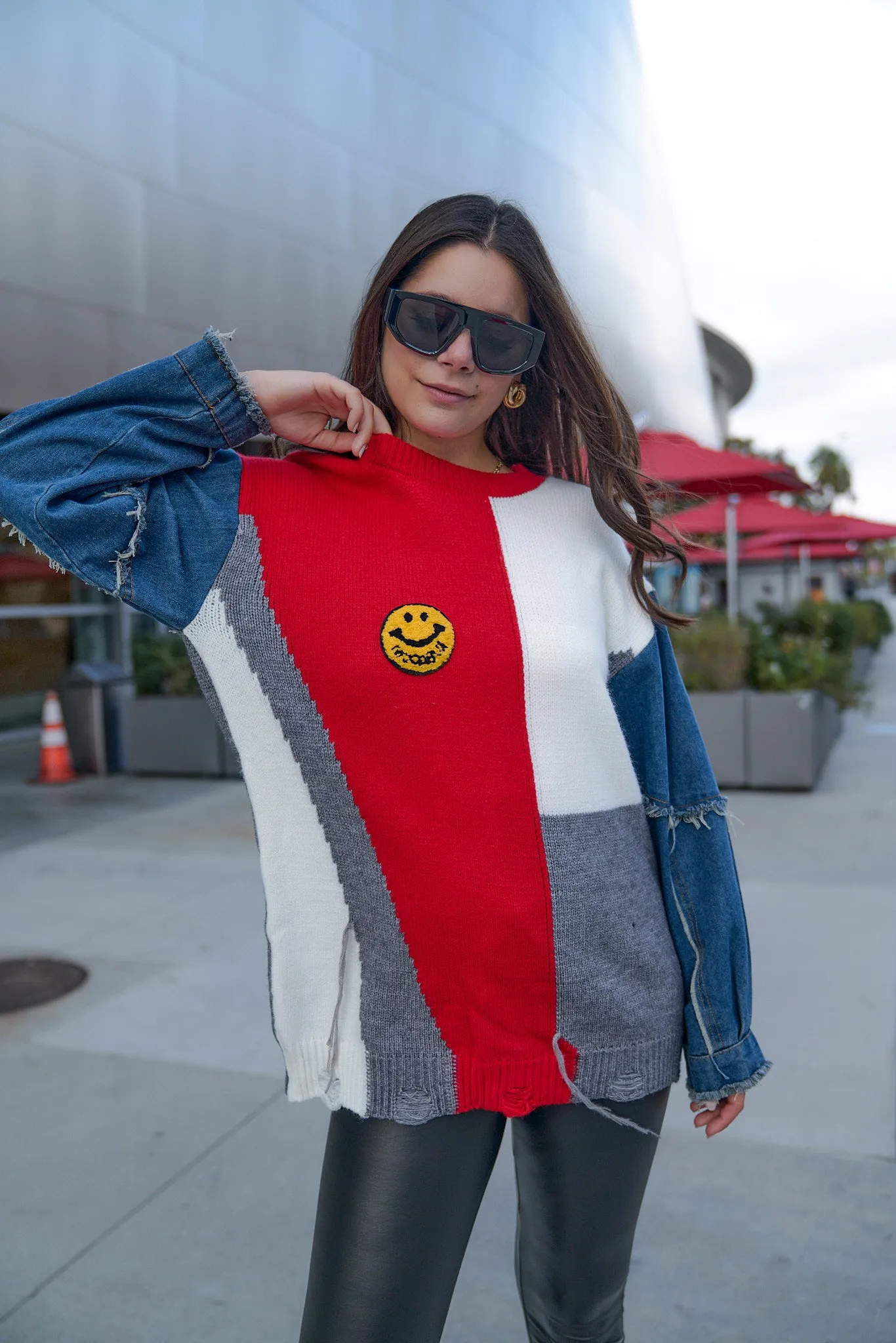 Happy Face Knitted Denim Sleeve Sweater