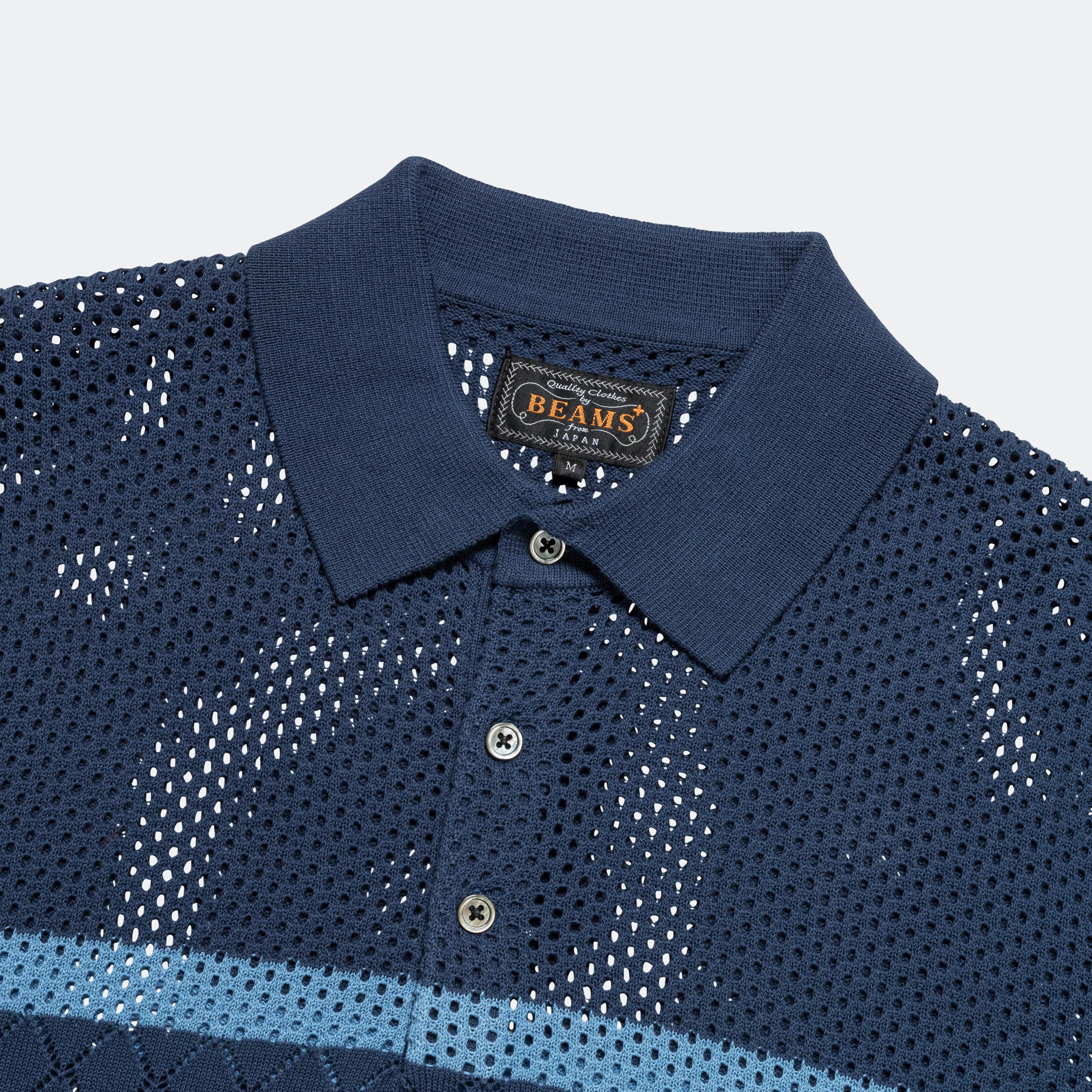 Knit Polo Mesh Stripe - Navy