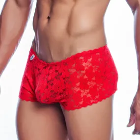 Mens Flower Lace Mini Boy Shorts Red