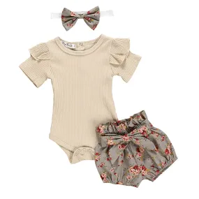 Newborn Baby Girl Clothes Set Summer Solid Color Short Sleeve Romper Flower Shorts Headband 3Pcs Outfit New Born Infant Clothing