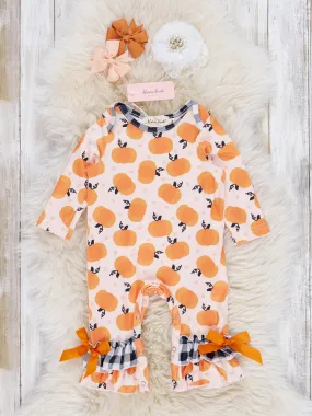 Orange Watercolor Pumpkins Gingham Ruffle Romper