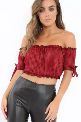 Red Gingham Ruched Bardot Gypsy Crop Top - Janette