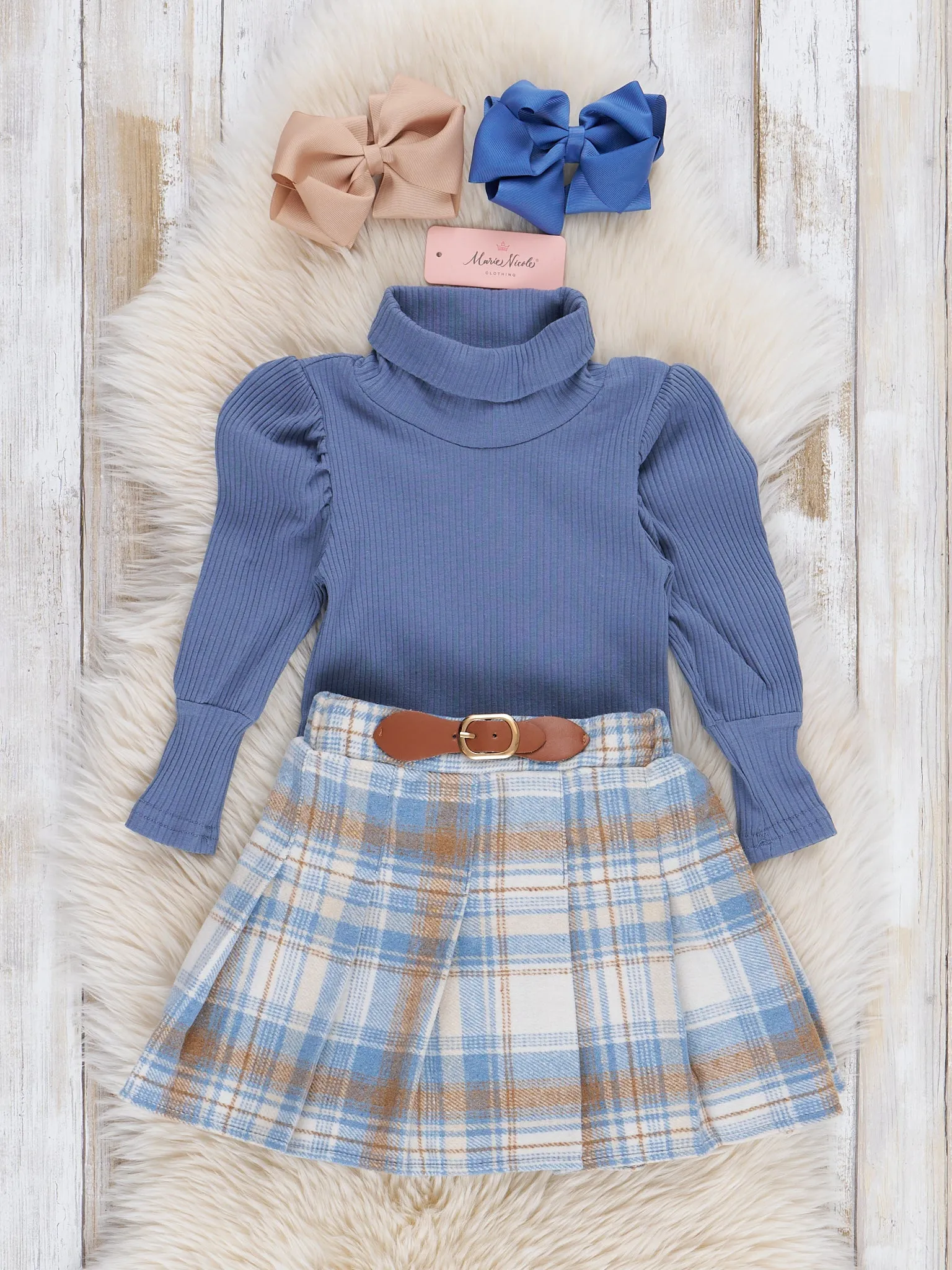 Ribbed Turtleneck & Plaid Skirt Set - Blue