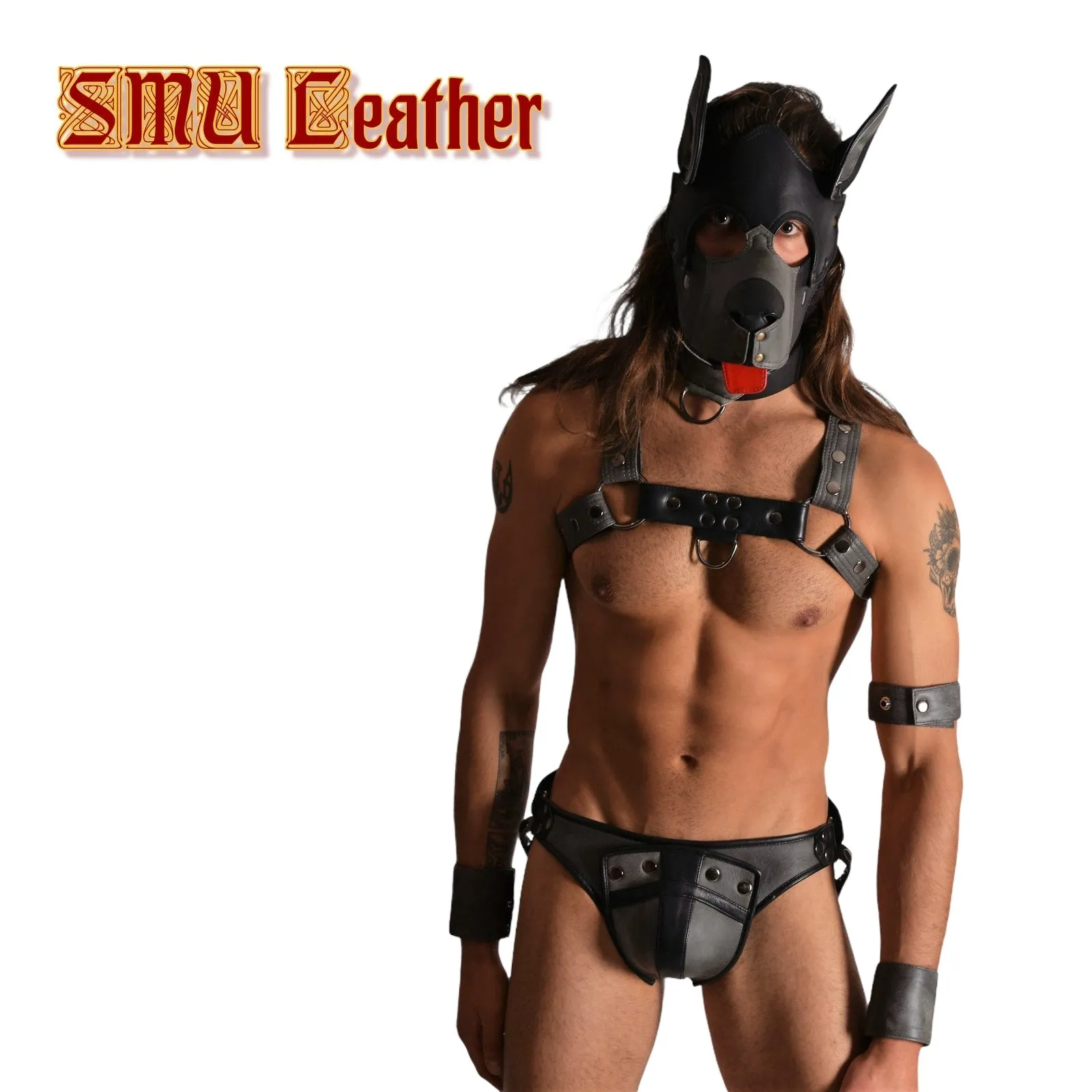 SMU Leather Shop Kit Mask Collar Harness Jockstrap Grey 31-38