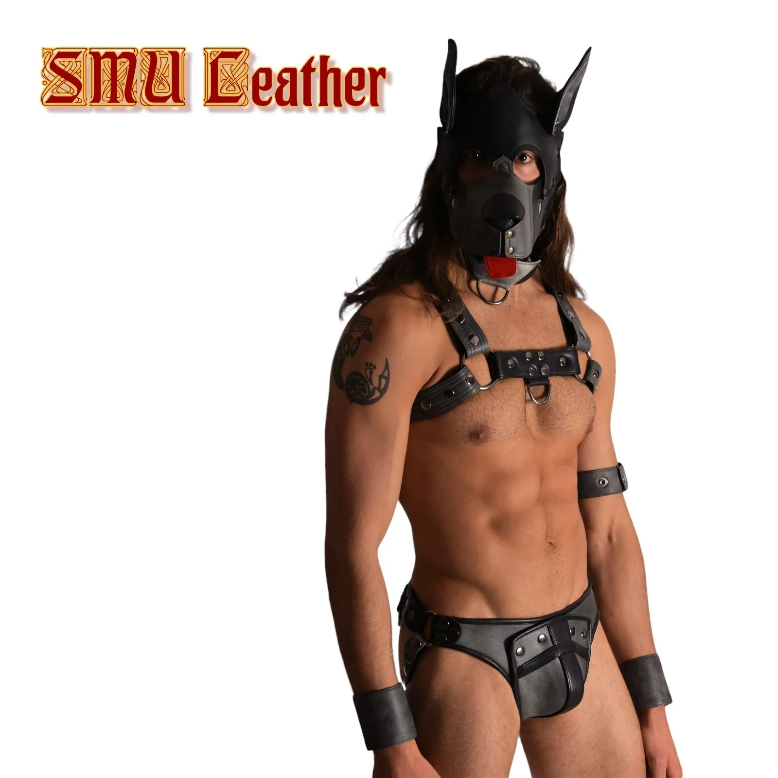 SMU Leather Shop Kit Mask Collar Harness Jockstrap Grey 31-38