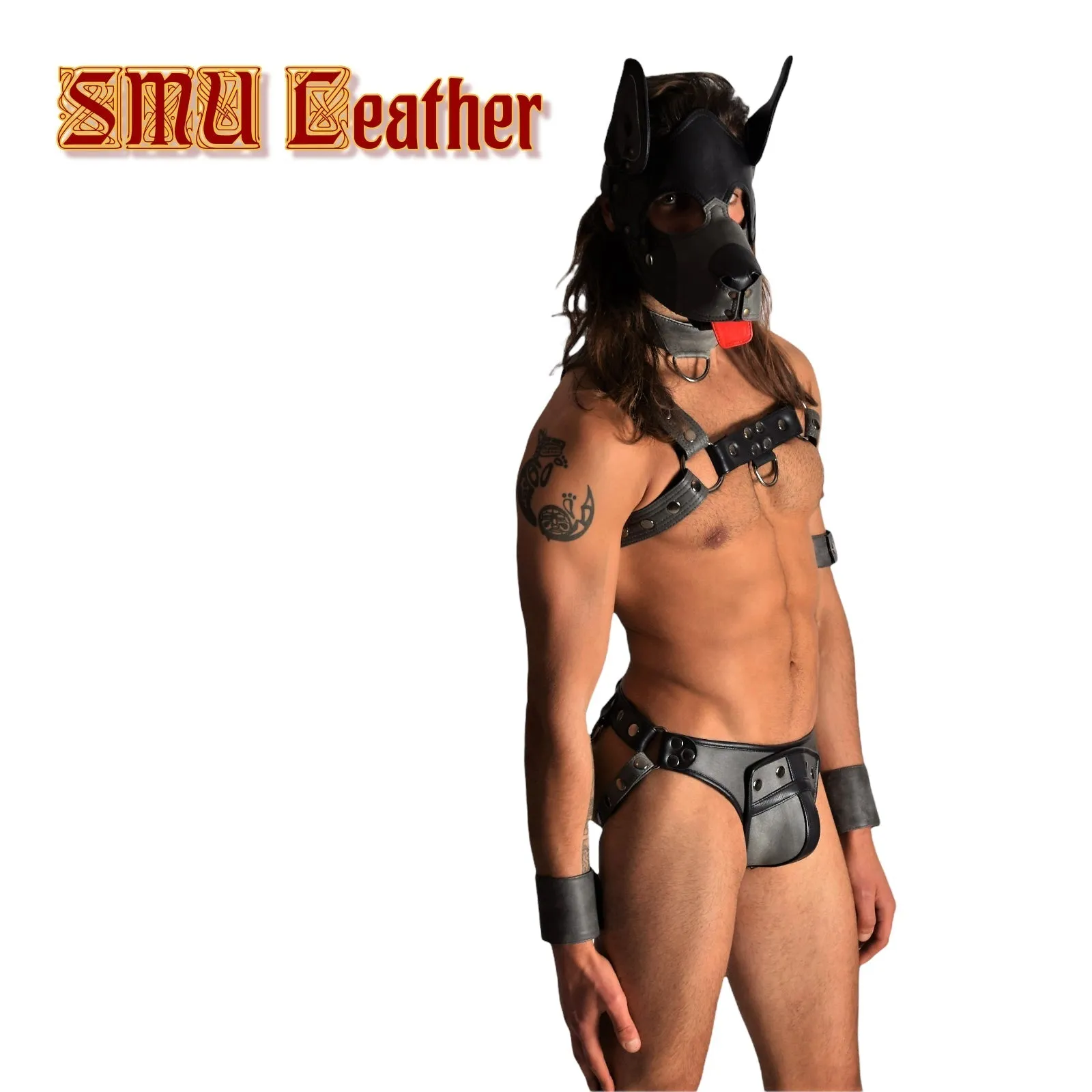 SMU Leather Shop Kit Mask Collar Harness Jockstrap Grey 31-38