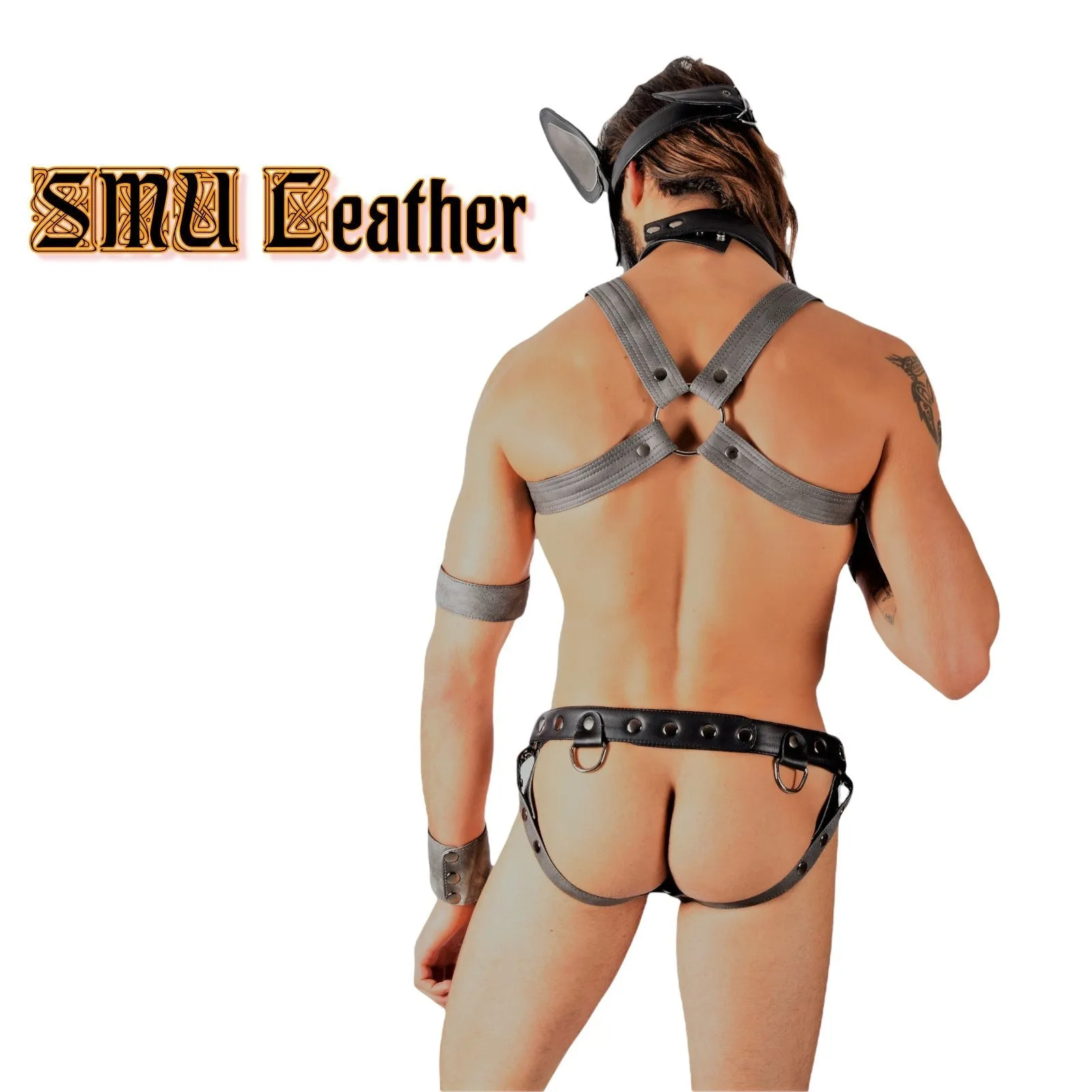 SMU Leather Shop Kit Mask Collar Harness Jockstrap Grey 31-38