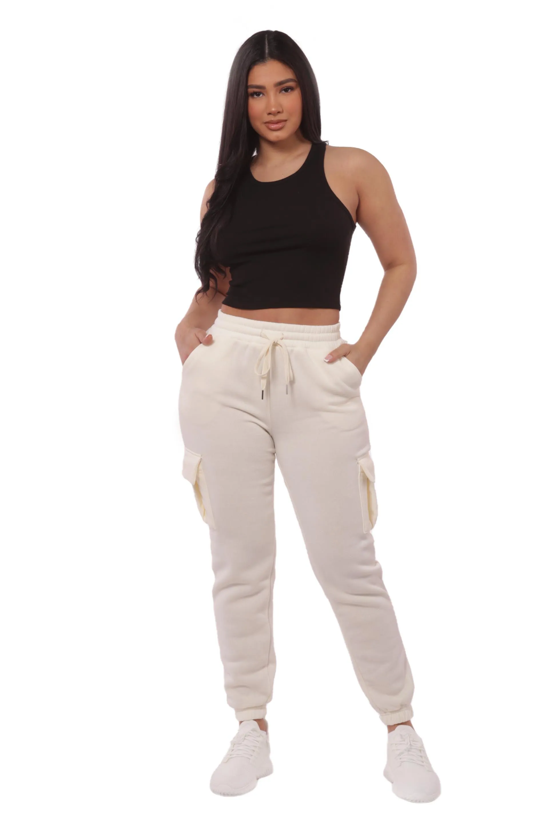 Soft Fleece Lined Cargo Sweatpants - Cream