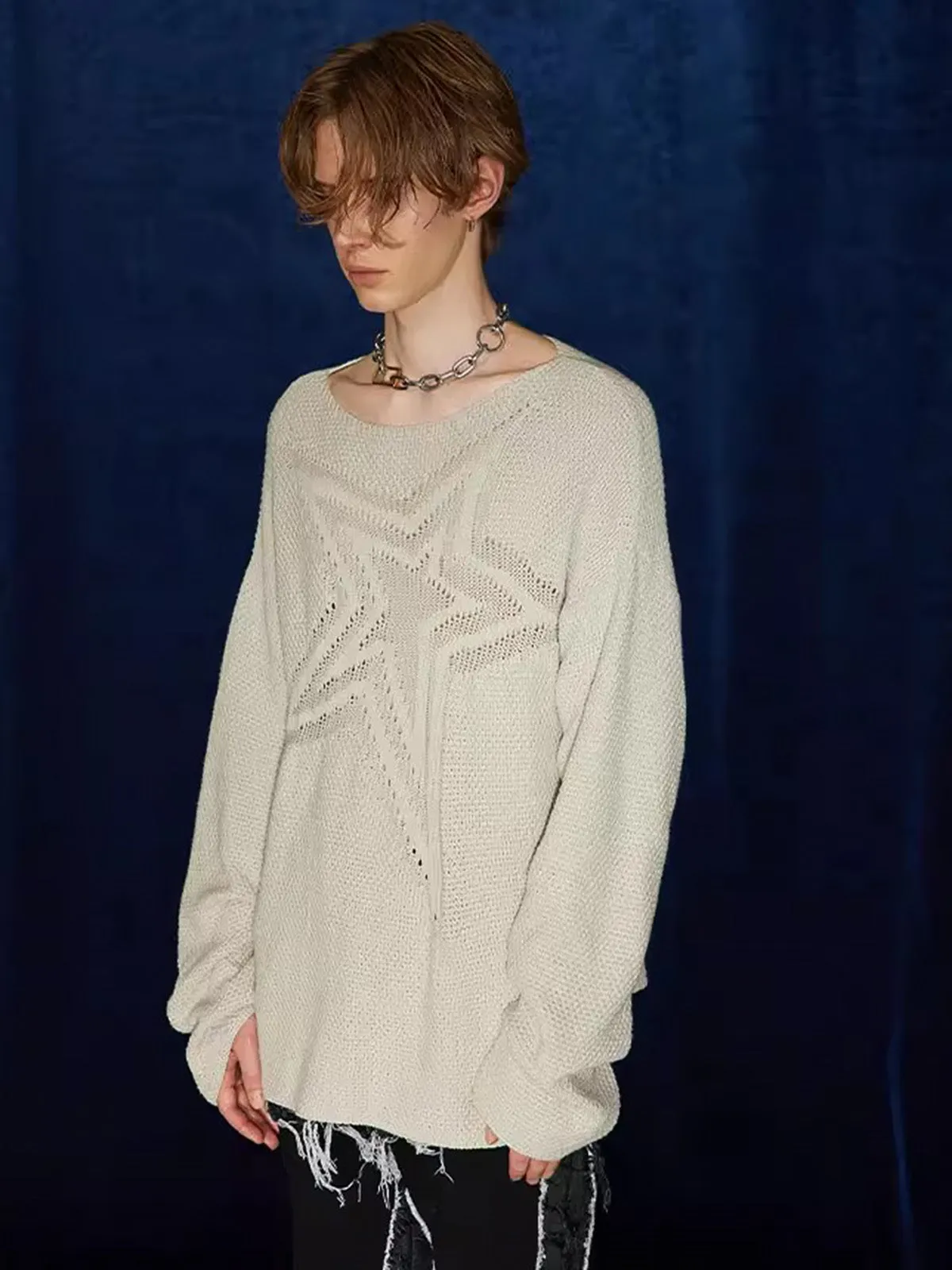 Thesupermade Star Cutout Dropped Shoulder Knit Sweater