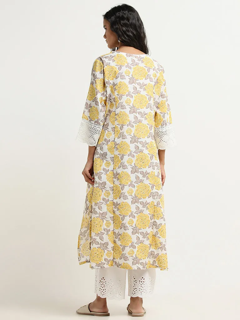 Utsa Yellow Floral Printed A-line Cotton Kurta