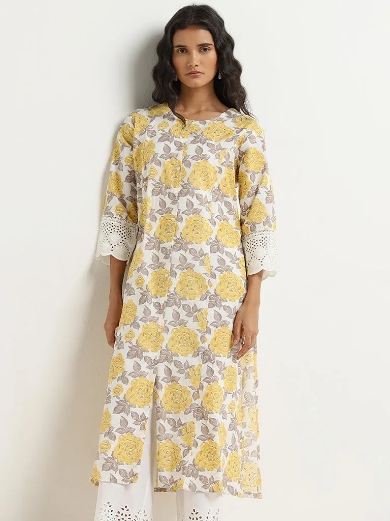 Utsa Yellow Floral Printed A-line Cotton Kurta