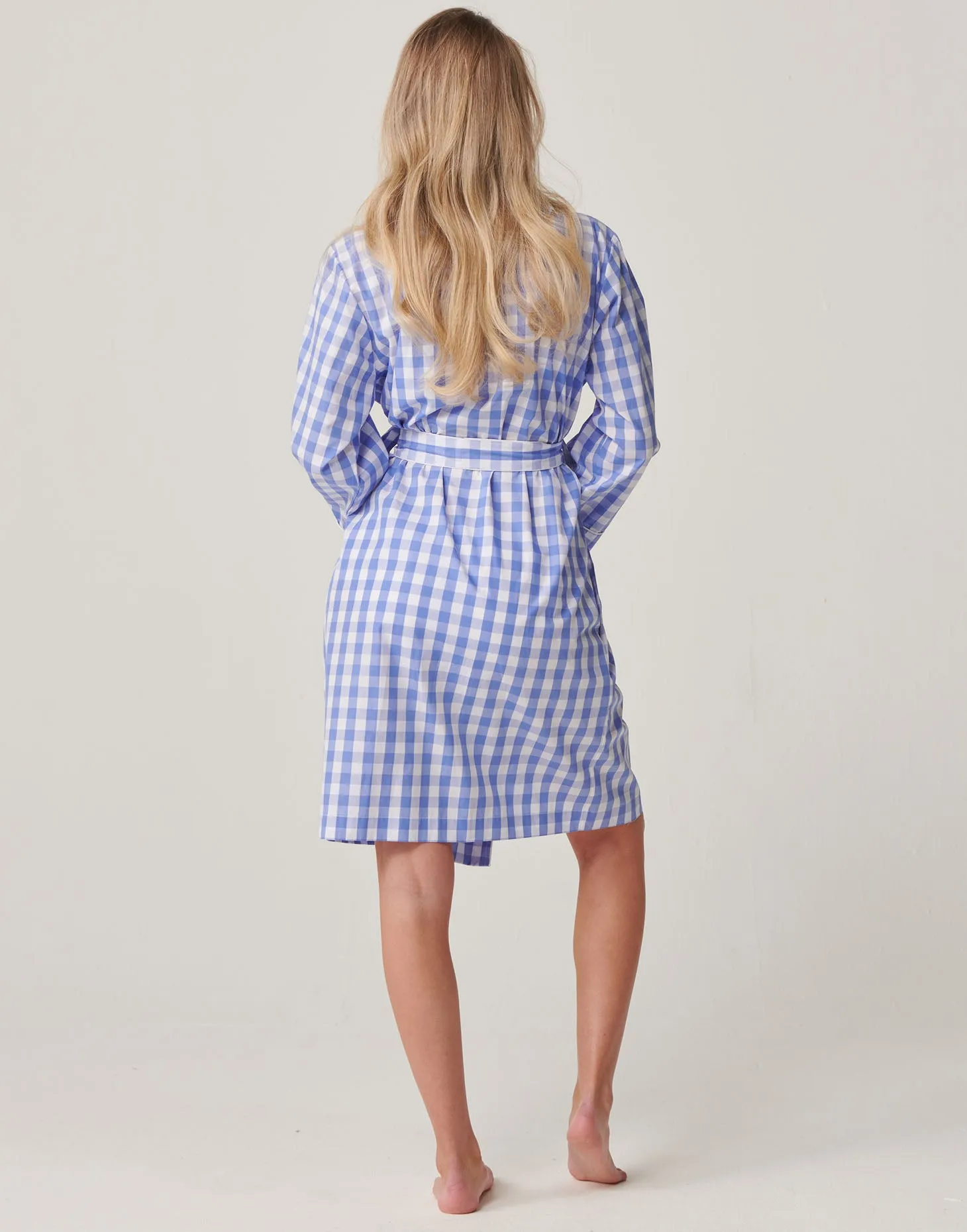 Women's Crisp Cotton Mid-Length Dressing Gown – Schoolhouse Blue Gingham