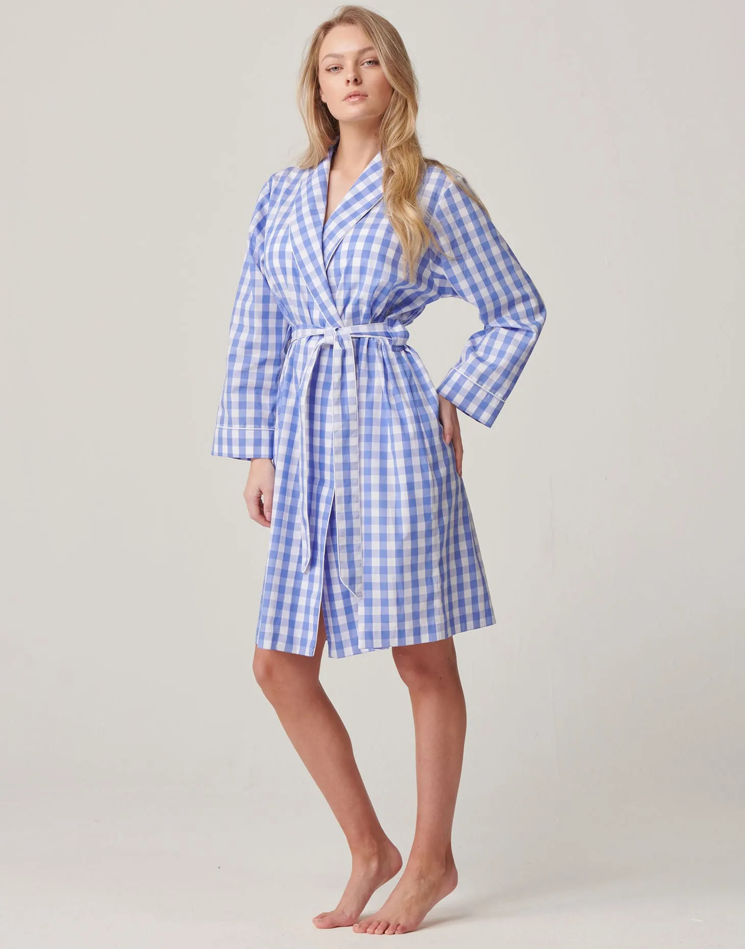 Women's Crisp Cotton Mid-Length Dressing Gown – Schoolhouse Blue Gingham